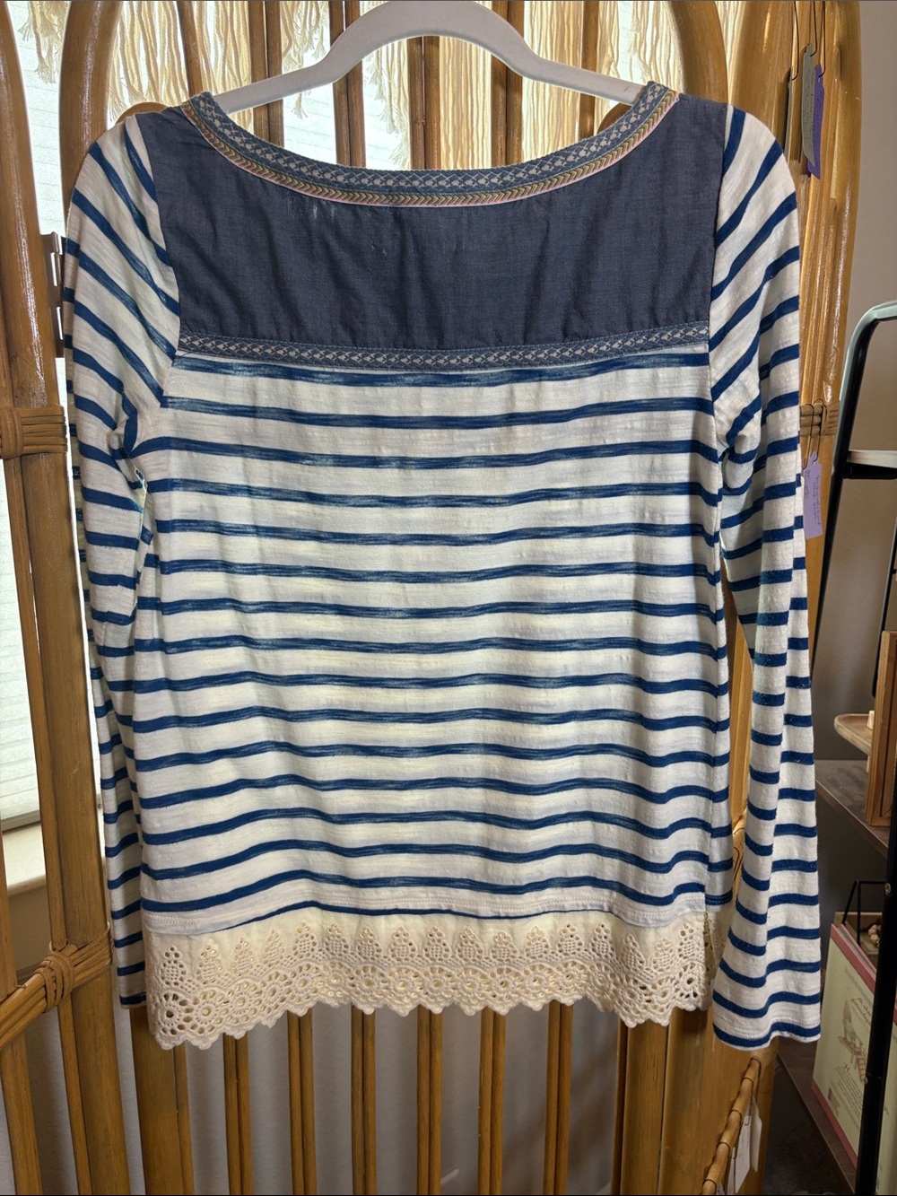 Little Yellow Button Striped Blue & White Lace-Hem Women's Top - Picture 6 of 6